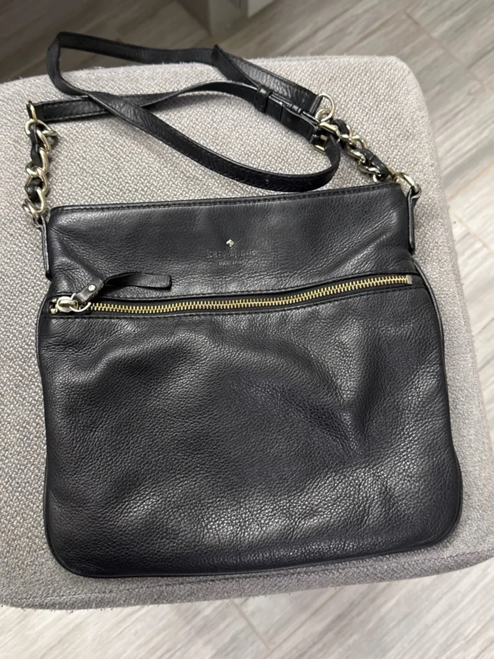 kate spade Black Leather Crossbody with Gold Chain Accent